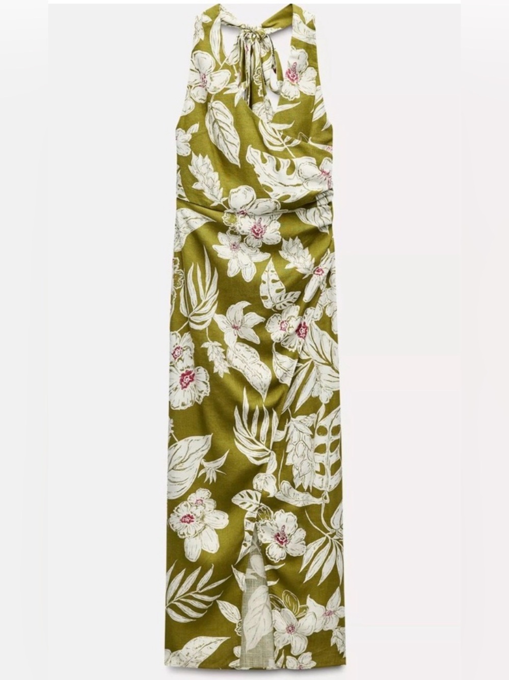 ZARA Tropical Floral Halter Midi Dress – Olive & Cream: XS - Picture 4 of 16